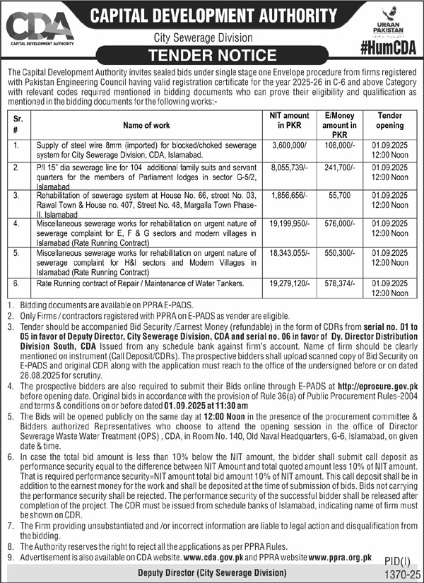 Capital Development Authority Tender Notice